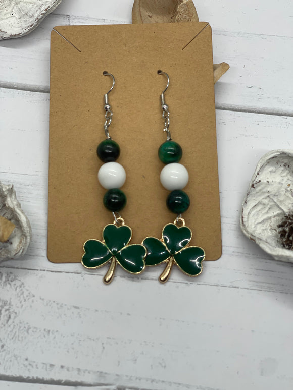 Shamrock Green and White Beaded Earrings