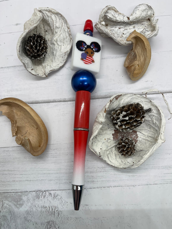 Red White and Blue Girl with Flag Heart Beaded Pen