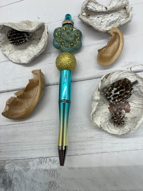 Turquoise and Gold Flower Beaded Pen