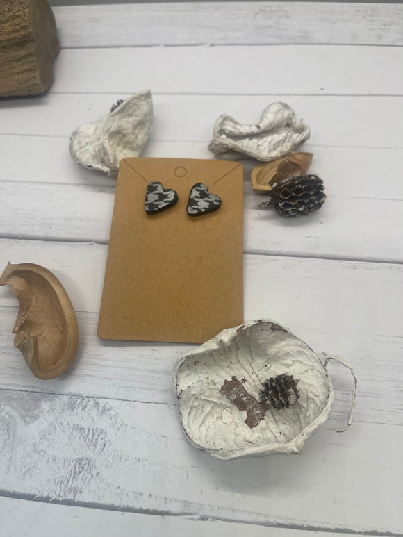 Black and Silver Heart Stud Clay Earrings