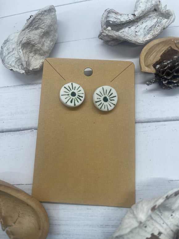 Green and White Sun Round Stud Clay Earrings