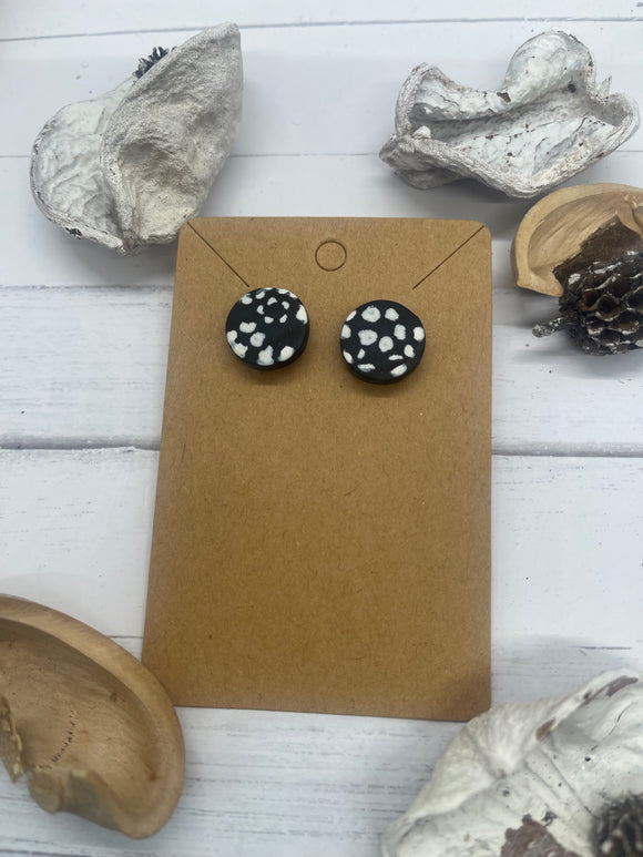 Black and White Round Stud Clay Earrings